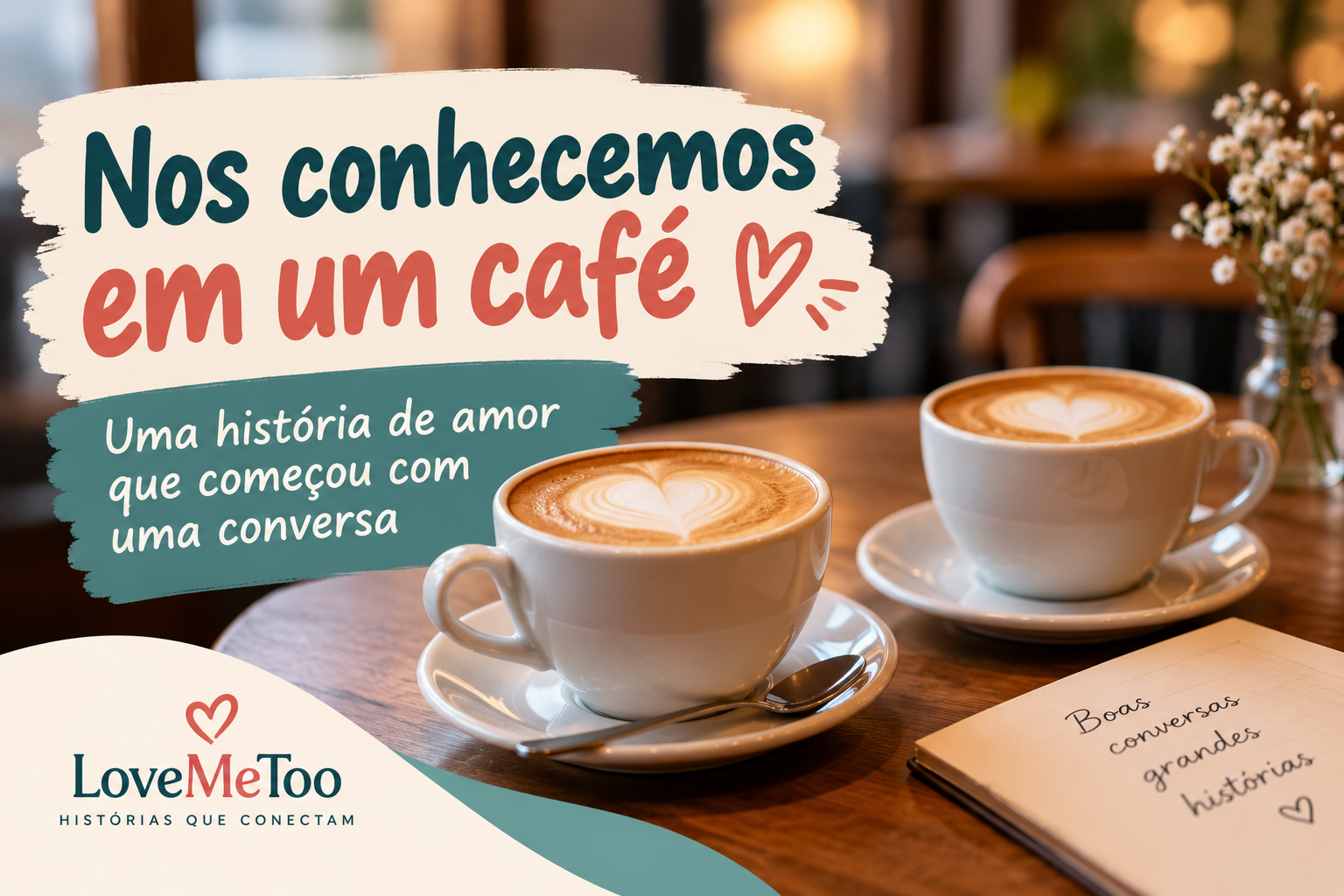Duas xícaras de café sobre uma mesa em um ambiente romântico, representando uma história de amor que começou com uma conversa.